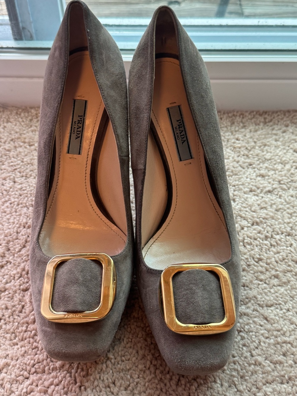 Prada Taupe Suede Pilgrim Buckle Square Toe Pumps